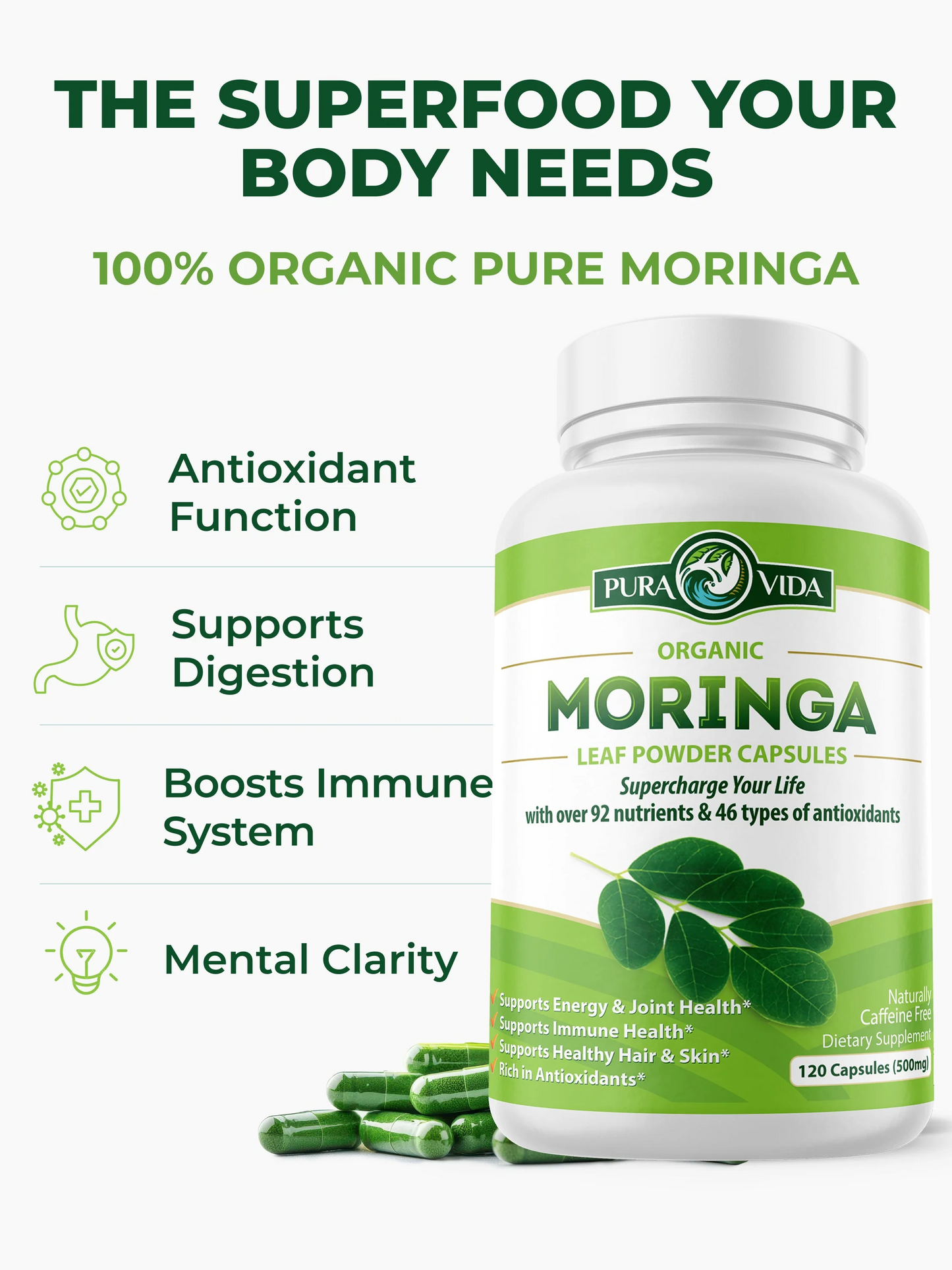 Moringa Capsules Pura Vida 500mg (120 Capsules)